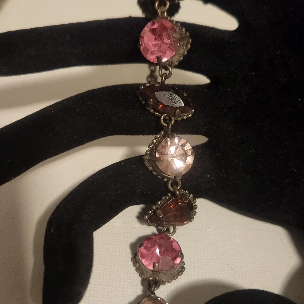 Vintage Style Pink purple Rhinestone Toggle Link Bracelet‎ Antiqued Silver Tone